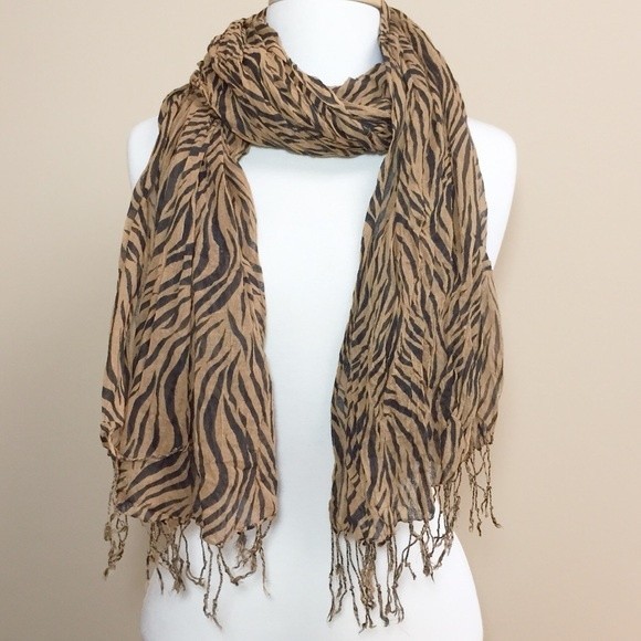 Brown Black Tiger Stripe Animal Fringe Scarf - Picture 1 of 5